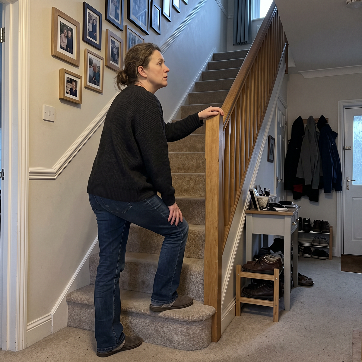 Woman at the bottom of the stairs holding her knee