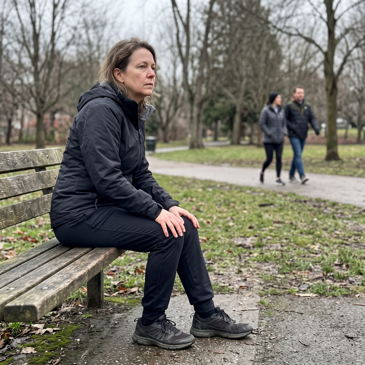 Woman sitting on a park bench resting her knee